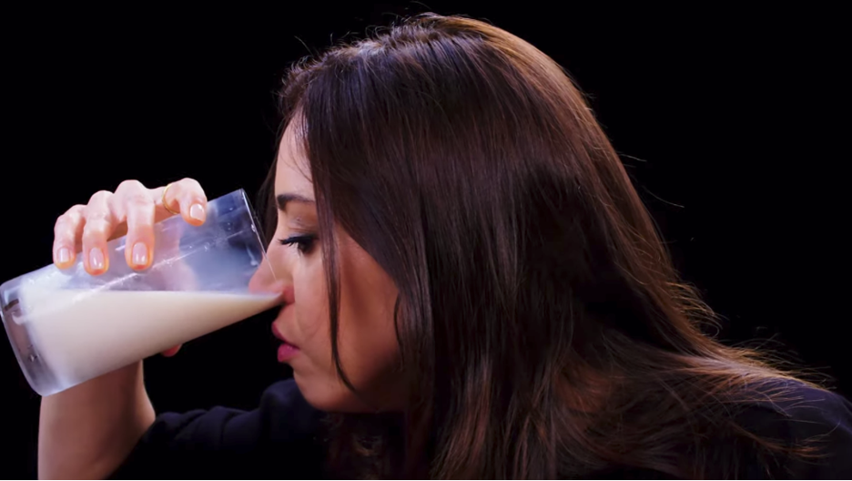 Aubrey Plaza snorts milk. Credit: First We Feast