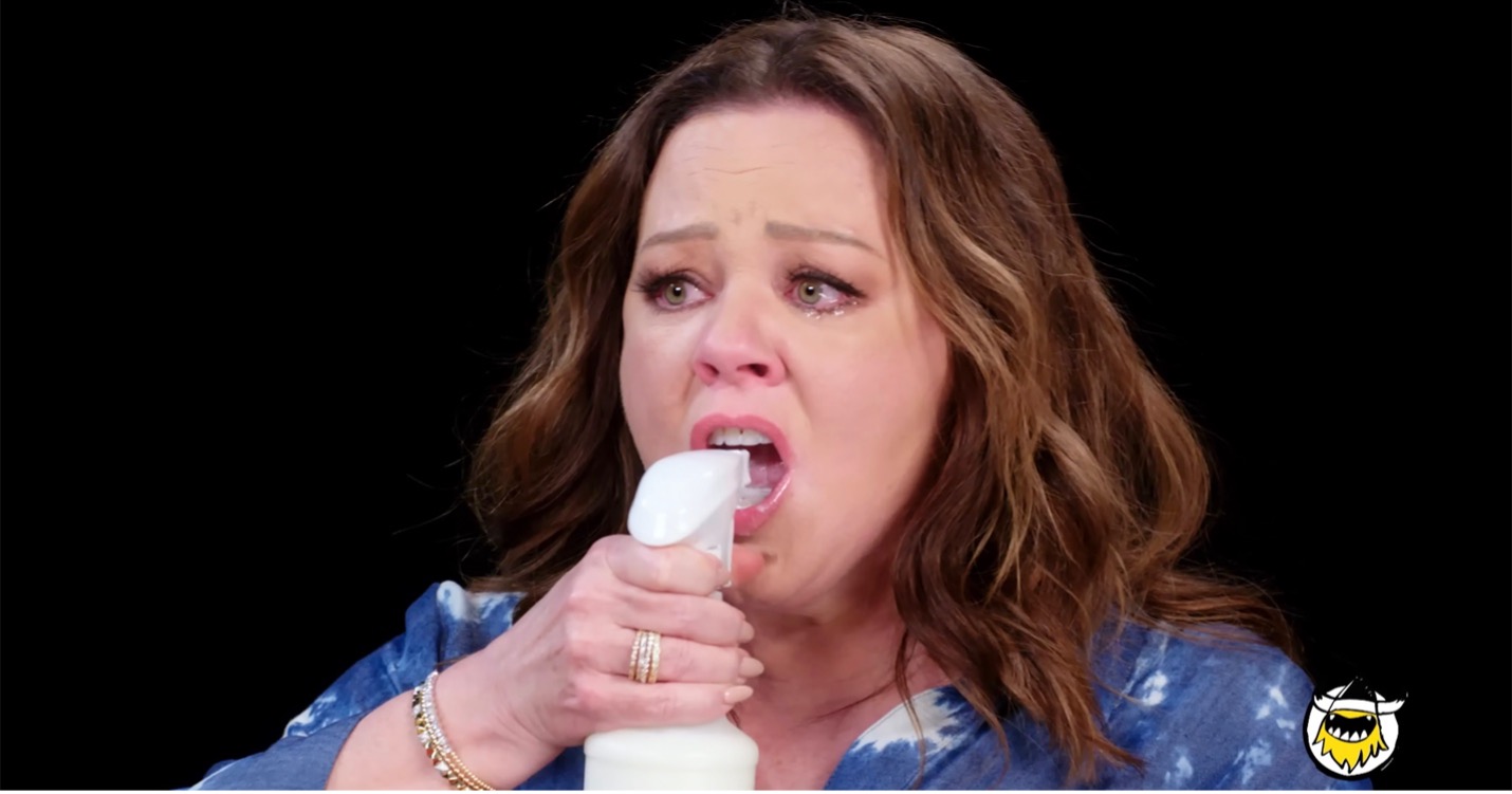 Melissa McCarthy uses a spray bottle full of milk. Credit: First We Feast