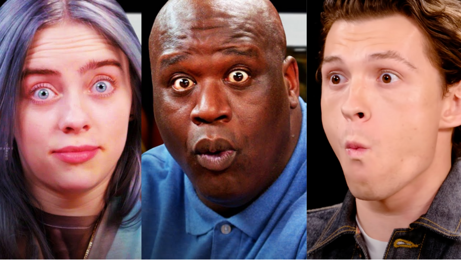 Billie Eilish, Shaq, and Tom Holland burning up and bugged-eyed on Hot Ones. Credit: First We Feast